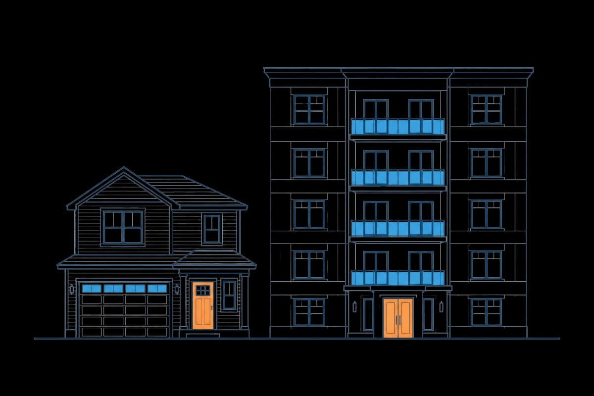 Architectural elevations of a house and a multifamily building